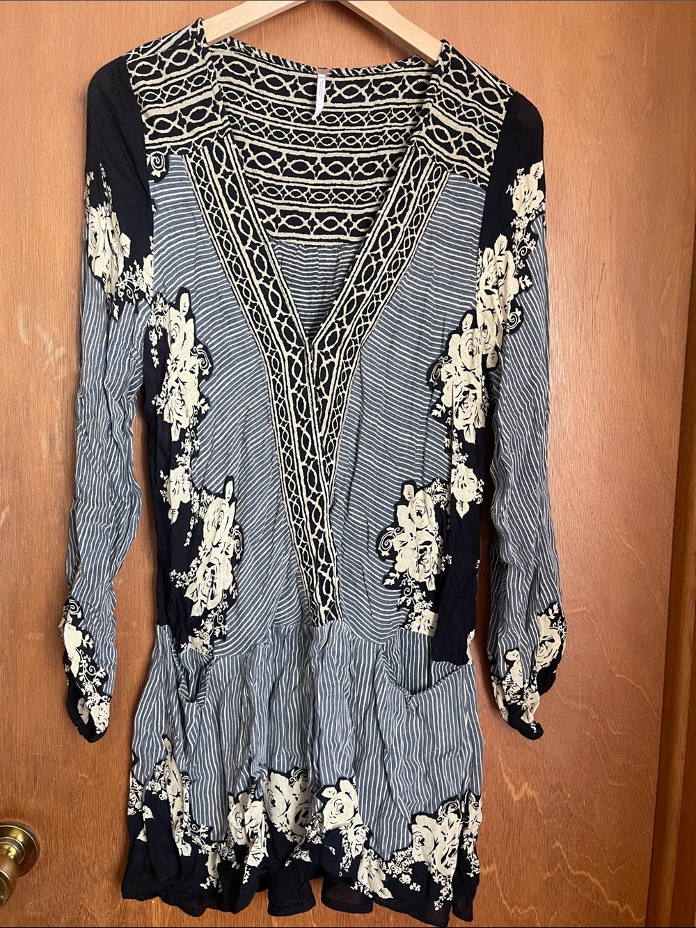 Boho Black, Blue, & Cream Floral  Dress